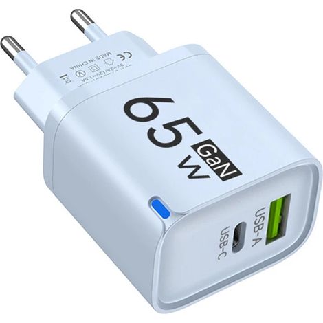 Bleu Norme de prise : UE 65 W Chargeur rapide USB GaN USB-C Chargeur rapide USB-C 3.0 Chargeur rapide Type C Adaptateur secteur Chargeur de voyage portable Bleu (1/5)