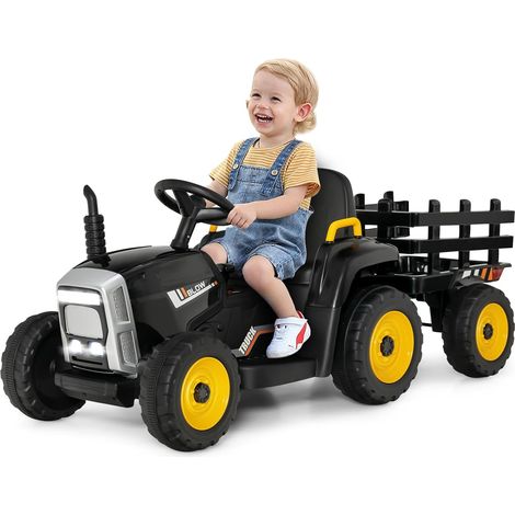 COSTWAY Tracteur avec Remorque Electrique pour Enfants 12 V avec Télécommande 2,4G - 3 Vitesses avec Eclairage LED, Musique, Klaxon, Fonctions Audio USB et Bluetooth (Noir)