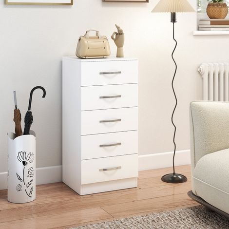 Commode à 5 tiroirs 40 x 35 x 85 cm en panneaux de particules blancs avec poignées argentées REDOM (1/5)