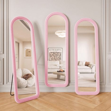 Specchio da terra 160 x 50 cm - specchio intero ad arco da parete con cornice imbottita - stile romantico - flanella - rosa (1/5)