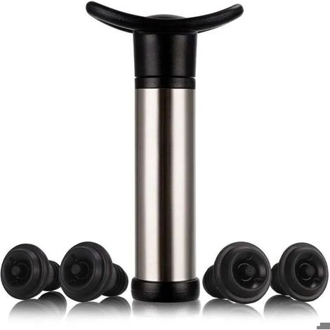 Pompe à vin acier inoxydable, pompe à vide conservation vin, retire air et scelle sous vide, avec 4 bouchons. (1/5)