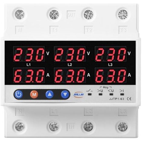 Sollbry Protecteur de Courant Tension,Réglables Dispositif de Protection Contre Sur/Sous-Tension Triphasé,AC230V Rail DIN Protecteur de Surtension Récupération (Size : 63A)