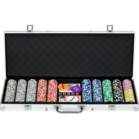 Mallette de Poker Coffret de Poker Complet, 500 jetons 5 dés 2 Jeux de Cartes 3 boutons 1 Tapis en Feutre