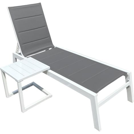 Set Sonnenliege und Beistelltisch BARBADOS aus grauem Textilene - weißes Aluminium (1/5)