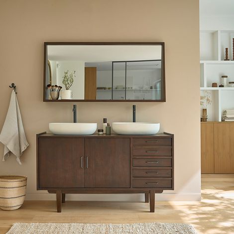Berah Getah – Meuble sous vasque simple en mindi massif 135 cm – 1 grand placard et 5 tiroirs – Traitement anti humidité pour salle de bain (1/5)