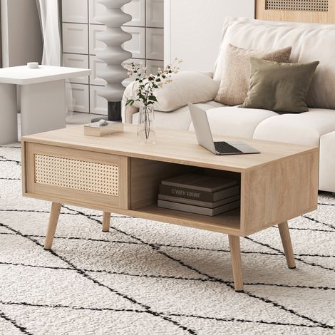 DESMIU Table Basse Ronde avec 1 porte coulissante et rangement ouvert pour Salon en MDF couleur naturelle 105 × 55 × 40 cm (1/5)