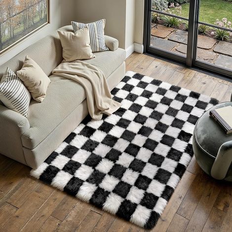 Tapis Salon Shaggy Damier Tapis 120×180cm Noir Blanc Rug (1/5)