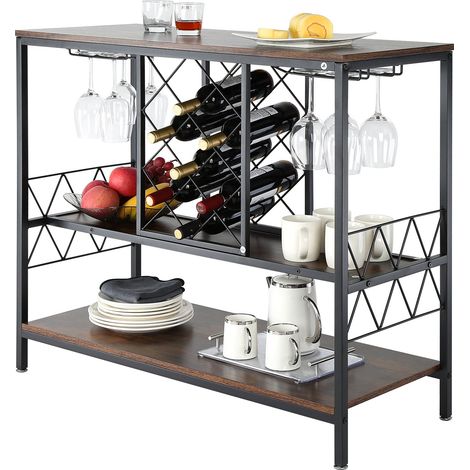 Buffet de Bar 100x40x85,5 cm, Meuble de Bar Industrielle, Étagère Cuisine pour Liqueurs et Verres en Bois, avec Porte-verre et Casier à Vin, Assemblage Facile, pour Salon, Maison, Bar Domicile (1/5)