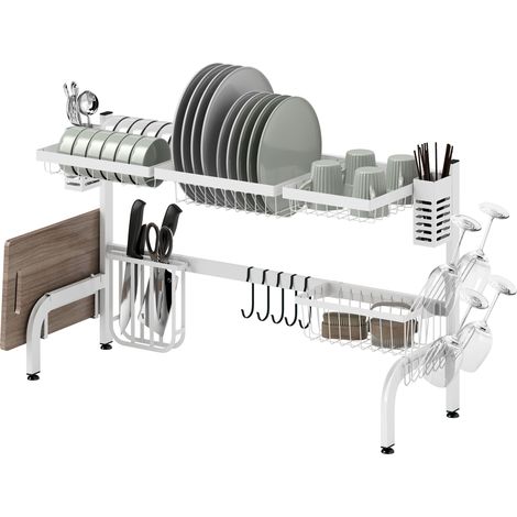 Égouttoir 2 niveaux acier pour évier avec support planche à découper et couverts 100x30x54.5cm Blanc