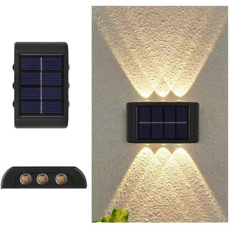 Solar-Zaunleuchten, kabellose Wandleuchten, IP65 wasserdicht, 2er-Pack, 6 LEDs, warmweißes Licht für Garten, Terrasse, Balkon, Treppenhaus, Tor