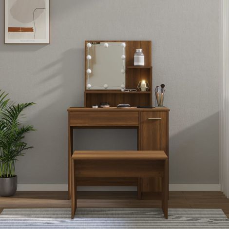 Ensemble de coiffeuse + tabouret avec LED - Table console avec tabouret Chêne marron Bois d'ingénierie BV132770 - BonneVie (1/5)