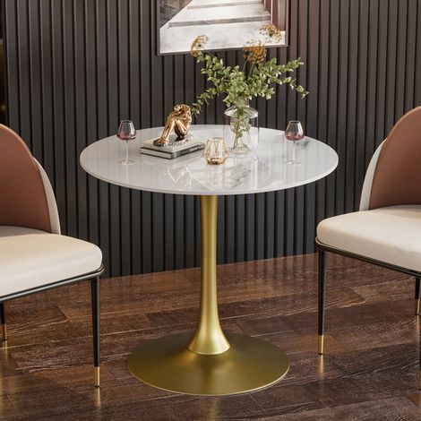 Round Dining Table Marble Modern Tulip Table Slate Tabletop with Golden Pedestal Base, Bistro Kitchen Dining Room, Glossy White (1/4)