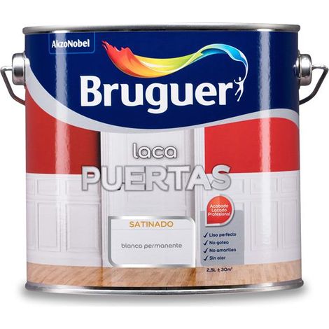 BRUGUER pintura laca puertas blanco permanente 2.5l lata , Laca satinada al agua de Bruguer. Una laca ideada para renovar todo tipo de superficies de madera. Especialmente puertas, (1/5)