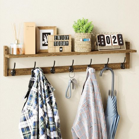 Porte-manteau mural - Grand crochet mural avec étagère, 88,9 cm de long, en bois avec étagère, porte-manteau mural avec 7 crochets doubles en métal pour entrée, salle de bain, cuisine, salon (1/5)