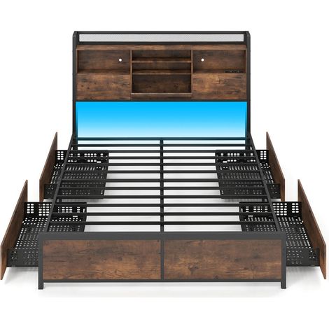 Rangement optimisé, cadre de lit LED avec 4 tiroirs, tête de lit avec prises USB et étagères, sans sommier (1/2)