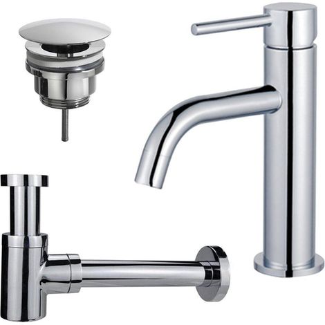 Fortifura Calvi Slim Kit mitigeur lavabo - robinet bas - bonde non-obturable - siphon design bas - Chrome brillant