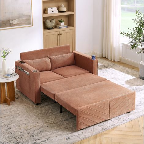 Canapé convertible 3-en-1 en bois et tissu orange, avec ports USB intégrés et système coulissant (1/5)