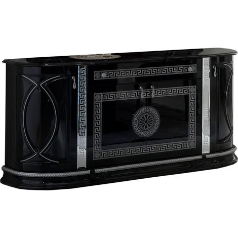 Buffet 4 portes 1 tiroir bois vernis laqué brillant noir et gris Venus 163cm (1/4)
