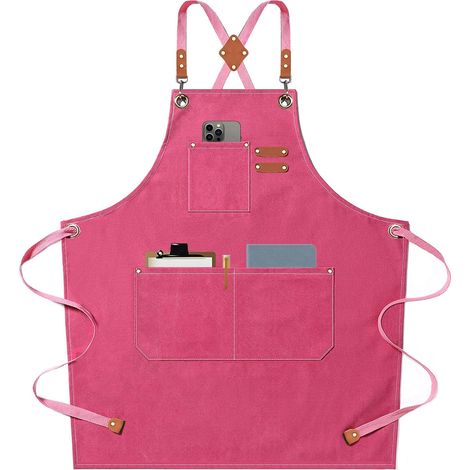 Chef Aprons for Men Women with Large Pockets, Cotton Canvas Cross Back Heavy Duty Adjustable Work Apron, Size M to XXL (Pink) (1/5)