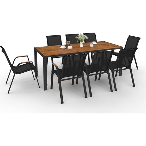 Idmarket – Ensemble table et chaises de jardin 8 places – Table 190 cm en verre trempé effet bois – Chaises empilables en textilène noir et bois
