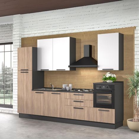 Cocina moderna con electrodomésticos en roble y blanco 330 cm - Linky (1/3)