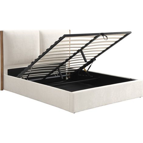 JUNA - Lit double en tissu beige et bois avec coffre 160x200 cm (1/5)