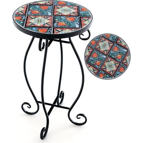 Mosaic Outdoor Side Table Round End Table Weather Resistant Ceramic Tabletop (1/5)