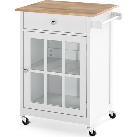 65 x 48,5 x Credenza da cucina da 87,5 cm, piano in legno di caucciù, ruote bloccabili, cassetto, portasciugamani, anta in vetro temperato, bianco (1/5)