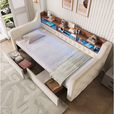 Lit rembourré 90x190 cm avec rangement, LED, USB Type-C, velours beige, REDOM (1/5)
