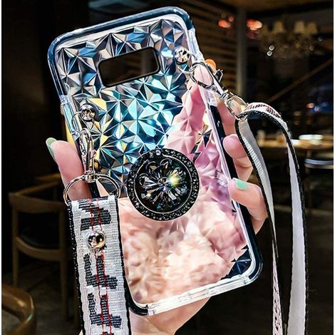 Coque Samsung Galaxy S8 Plus Transparente, Housse Silicone Anti-Choc avec Anneau Support Diamant Strass Paillettes et Lanière Cordon Noir, Étui Protecteur Téléphone (1/5)