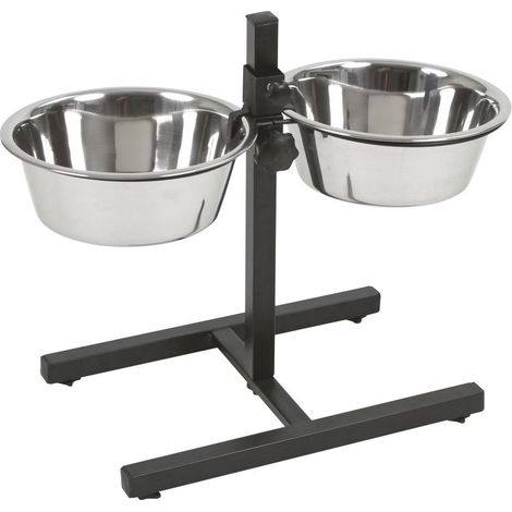 Kerbl barra de comida para perros y gatos (incl. 2 comederos de acero inoxidable de 2800 ml, cuencos regulables en altura con patas de plástico, altura total 43 cm) 82258, plateado (1/3)