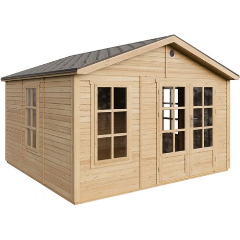 TIMBELA M735A+M735G Casetta da Giardino in Legno 370x360 cm, Capanno da Giardino con 3 Finestre in Vetro Temperato, Porte a Doppia Anta con Vetri, Tetto con Tegole Bituminose, con Pavimento (1/5)