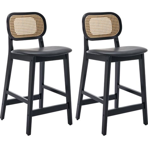 Wahson Bar Stools 2Pcs Upholstered in PU Leather Retro Rustic Counter Chairs with Wood Legs for Home Bar Kitchen Restaurant, Black (1/5)