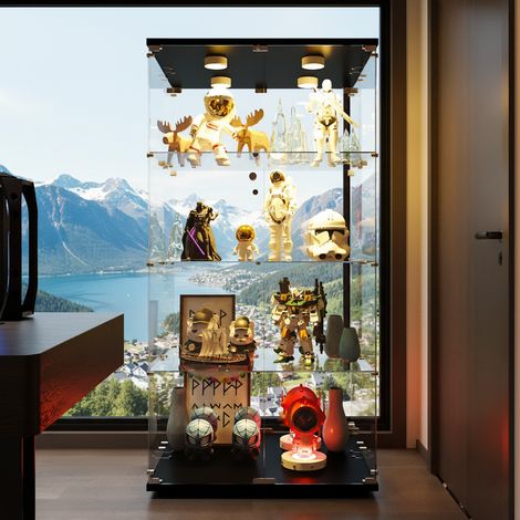 Vitrine en verre avec éclairage LED, double porte avec socle, quatre couches de verre trempé, verrouillable, style nordique, noire (1/5)