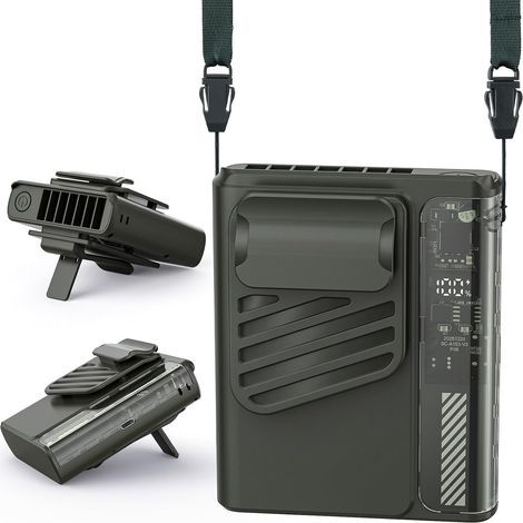Ventilateur Portable USB rechargeable Extérieur - 3en1 Cou Ceinture Bureau Moteur Puissant 5 Vitesses 4000mAh Écran LED Vert (1/5)