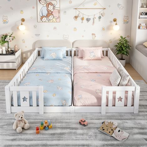 JOOKGBD- Doppel-Kinderbett 180x200 cm, Hausbett mit Rausfallschutz, Sternen-Design, Bodenbett für Geschwister, Montessori-Bett für Kleinkinder Babys, Massivholz-Gestell, mit Lattenrost, Weiß