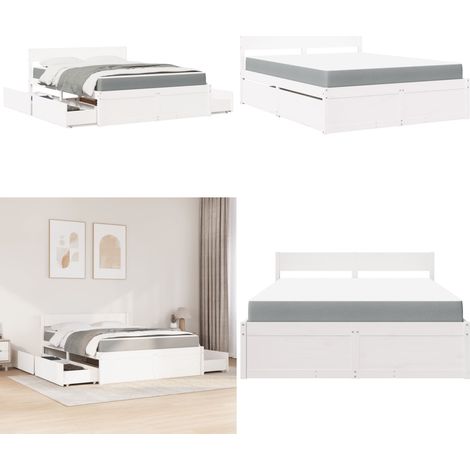 Lit avec tiroirs et matelas blanc 160x200 cm bois massif de pin - Lit Double - Lit Plateforme - Lit Avec Rangements - Lit Bois Massif - Matelas Ressorts Ensachés - Home & Living (1/5)