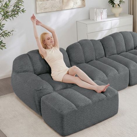 Canapé d’angle modulable 3 places 288 x 165 x 79 cm - Tissu bouclette gris - Pouf, mousse 32D (1/5)