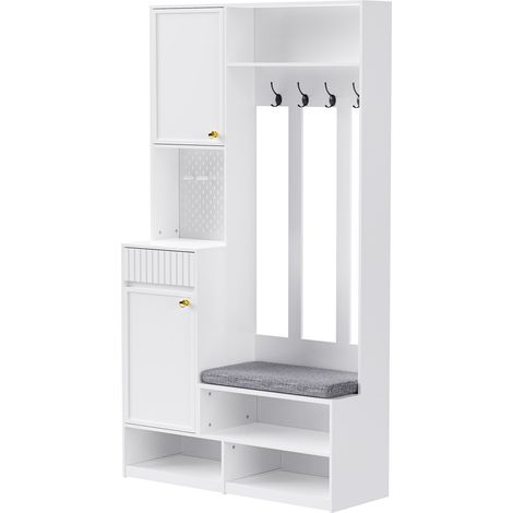 Weißes Garderoben-Set für den Flur mit Bank, 4 Haken, Türen und Schubladen, 100 x 180 x 35 cm (1/5)