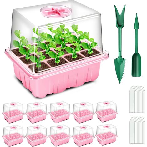 10 Pièces - Plateau Semis - Mini Serre - Couvercle Réglable - Matériau PVC 0,8mm - Pour Fleurs Légumes Herbes - Rose - 3,7x3,7x5,5cm