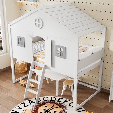 Lit cabane 90x200 cm avec escalier de rangement USB Type C et garde corps lit enfant en bois massif MDF blanc (1/5)