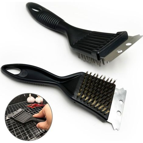 Lot de 2 brosses à pointe de barbecue, une acier et une laiton, avec grattoir, poils métalliques, manche PP (1/5)