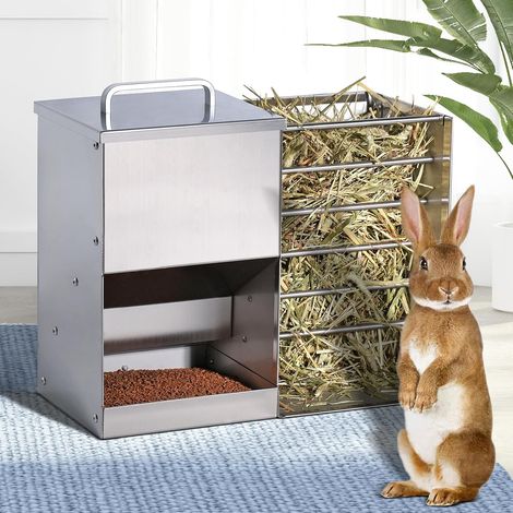 Hay Rack 2 in 1 Stainless Steel Rabbit Food Dispenser Cat Litter Water Bottle Hamster Bowls (1/5)