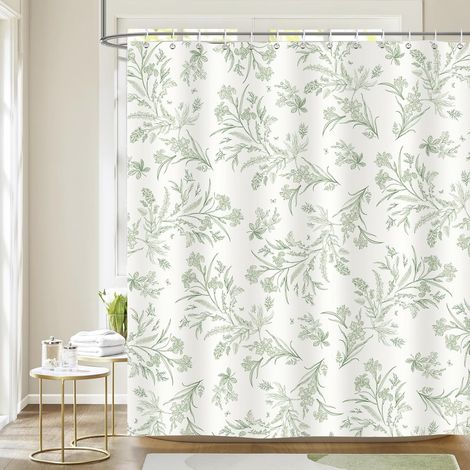 Cortina de ducha botánica con hojas verdes de 180x180 cm, impermeable, con estampado de flores y follaje tropical, tejido resistente al moho y 12 ganchos (1/5)
