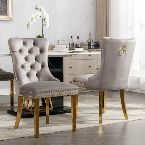 Set di 2 sedie da pranzo in velluto, schienale capitonné, gambe finitura oro, borchie decorative e seduta imbottita - Grigio