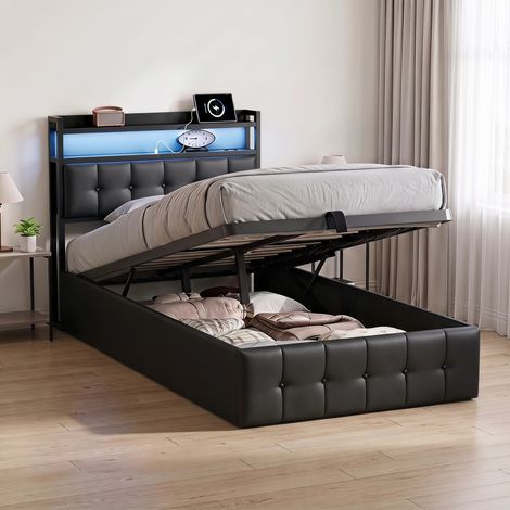 Lit coffre 90x200 cm, sommier à lattes, tête de lit avec rangement LED et ports USB, lit simple capitonné, PU, Noir (1/5)