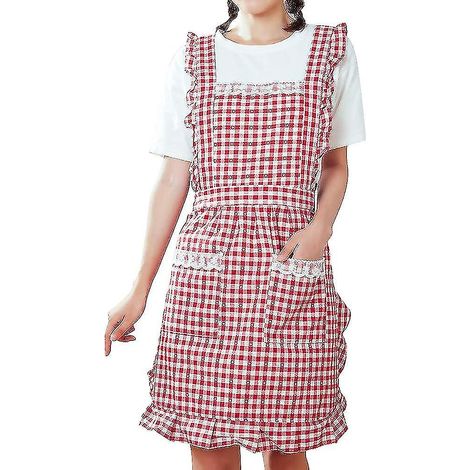 Tablier de cuisine, tablier de pâtisserie vintage pour femmes, tablier à carreaux rouges et volants, tablier en coton, cadeau d'anniversaire mignon pour princesse, tablier pour femmes et filles. (1/5)