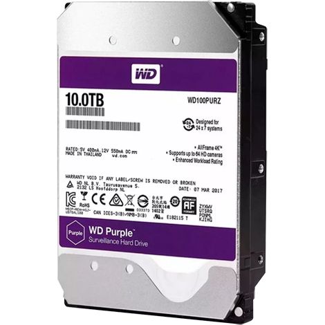 Disque dur Western Digital - Capacité 10 TB - Interface SATA 6 GB/s - Modèle WD100PURX-78 - Spécial pour les enregistreurs vidéo - Individuel ou installé dans DVR