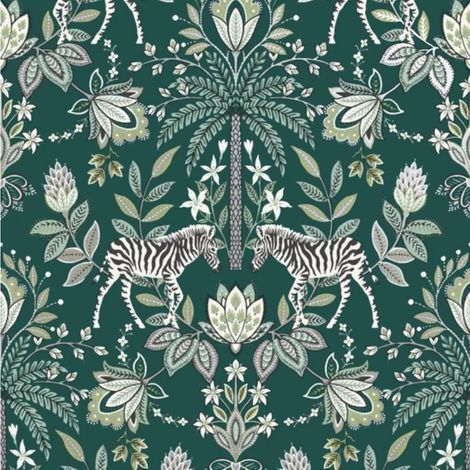 Green Animal Print Wallpaper Silver Metallic Shimmer Floral Zebra Palm Trees (1/4)