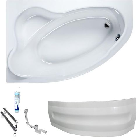ECOLAM Baignoire d'angle Comfort 140x100 cm version gauche tablier en acrylique bonde vidange et trop-plein automatique + pieds + silicone (1/5)